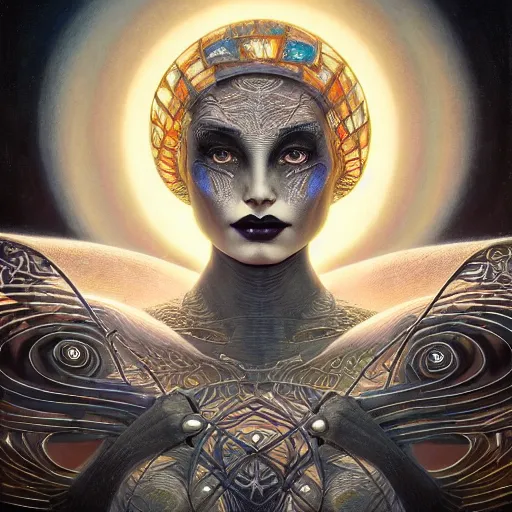 Prompt: beautiful closeup portrait of an art deco witch, glowing eyes. reflective detailed textures, moth wings, highly detailed dark fantasy science fiction painting by tom bagshaw and michael whelan and diego rivera and annie swynnerton and jean delville, elaborate geometric ornament, ancient runes, silver and cool colors. artstation