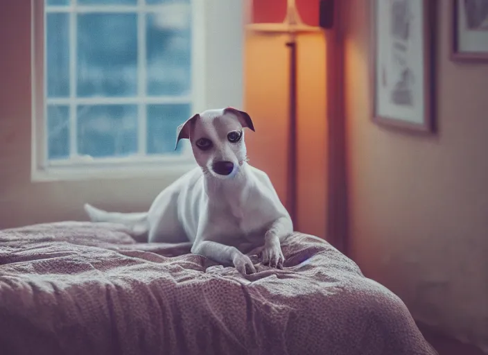 Image similar to photography of a Jack Russel . watching outside the window. on a bed. in a vintage room full of vinyls and posters.,volumetric light, photorealistic,, award winning photo, 100mm, sharp, high res