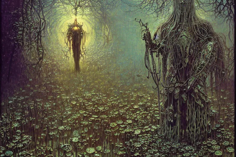 Image similar to knight in enchanted lovecraftian garden by jean delville, luis royo, beksinski, grimshaw