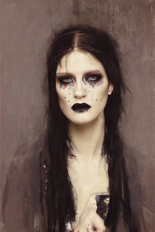 Image similar to Richard Schmid and Jeremy Lipking and Antonio Rotta full length portrait painting of a young beautiful goth punk rock priestess woman