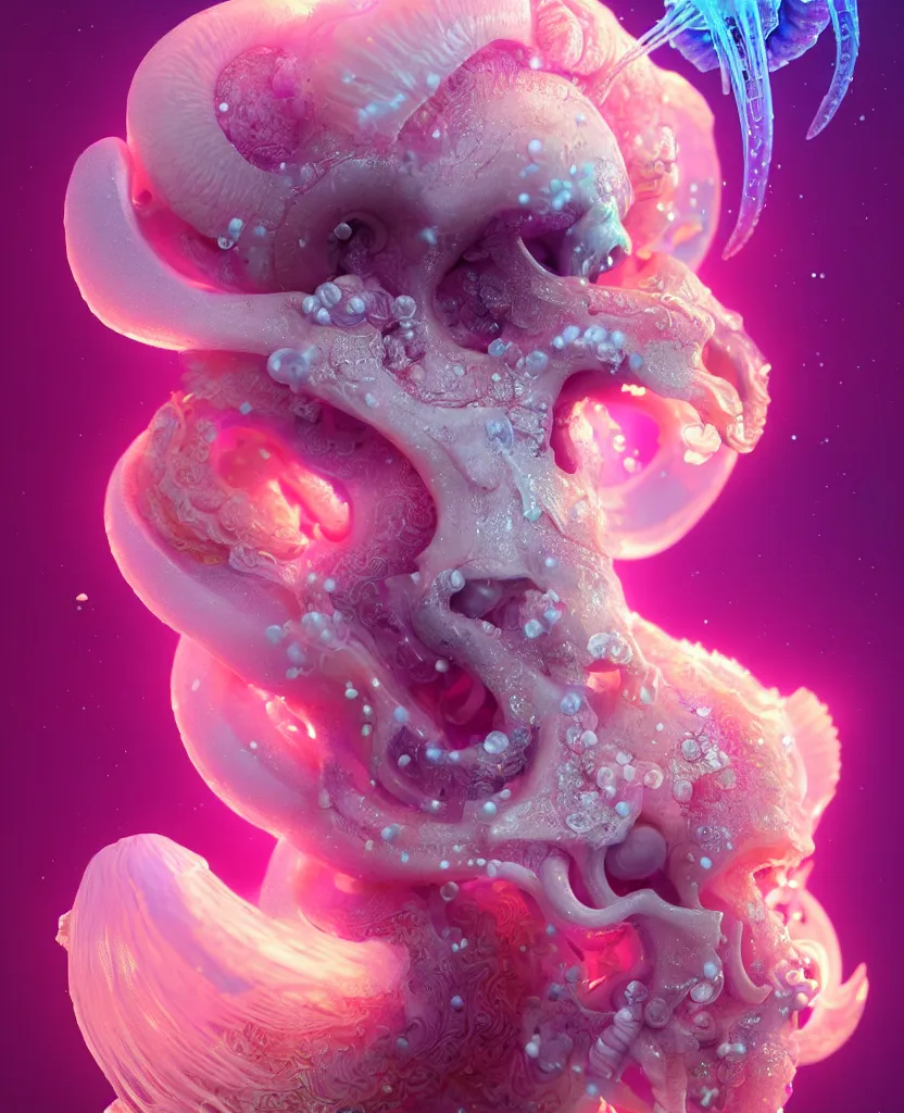 Image similar to goddess princess beautiful face close-up portrait ram skull fluffy toy. jellyfish phoenix head, nautilus, orchid, skull, betta fish, bioluminiscent creatures, intricate artwork by Tooth Wu and wlop and beeple. octane render, trending on artstation, greg rutkowski very coherent symmetrical artwork. cinematic, hyper realism, high detail, octane render, 8k