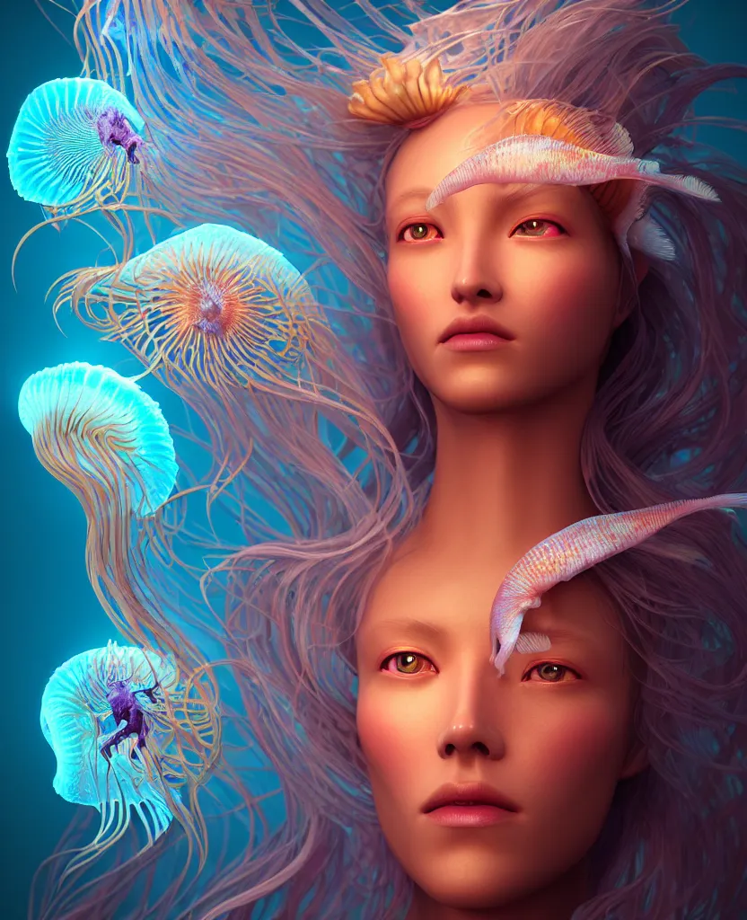 Image similar to goddess close-up portrait. orchid jellyfish phoenix head, nautilus, skull, betta fish, bioluminiscent creatures, intricate artwork by Tooth Wu and wlop and beeple. octane render, trending on artstation, greg rutkowski very coherent symmetrical artwork. cinematic, hyper realism, high detail, octane render, 8k