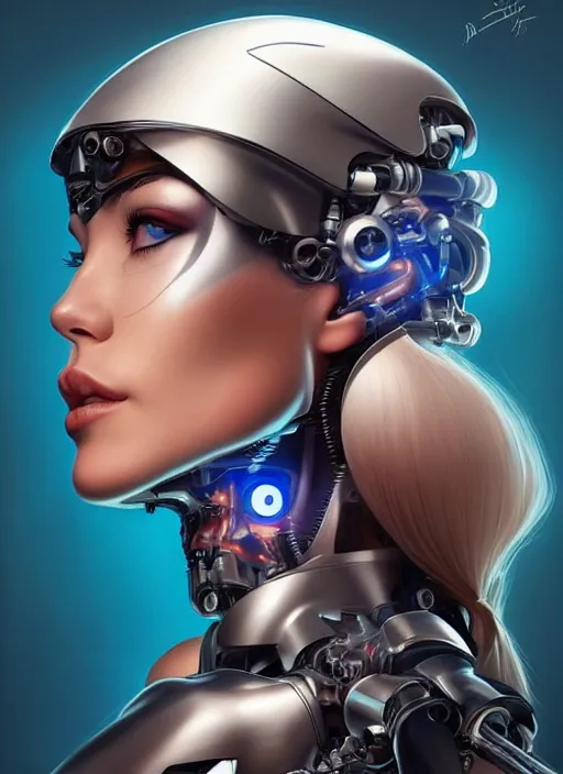 Image similar to portrait of a cyborg woman who turns her head to the ((((((right))))) left+349 (((((up))))) (((((down))))) by Artgerm,eyes closed , biomechanical, hyper detailled, trending on artstation