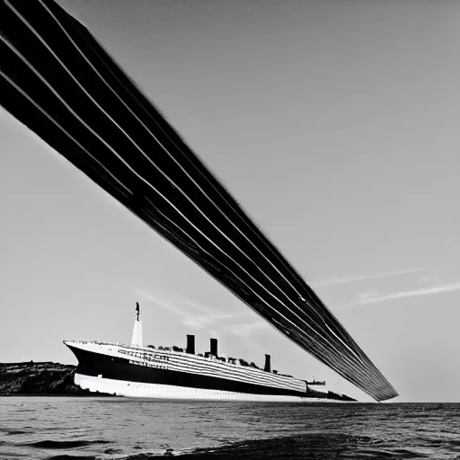 Prompt: ocean liner tilting to one side, daytime, 35mm black and white photograph