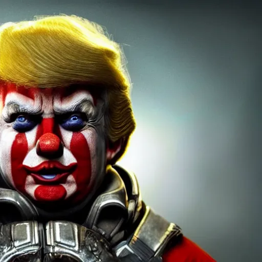 Prompt: donald trump as a clown in gears of war, splash art, movie still, cinematic lighting, ray tracing, detailed clown face, octane render, long lens, shallow depth of field, bokeh, anamorphic lens flare, 8 k, hyper detailed, 3 5 mm film grain