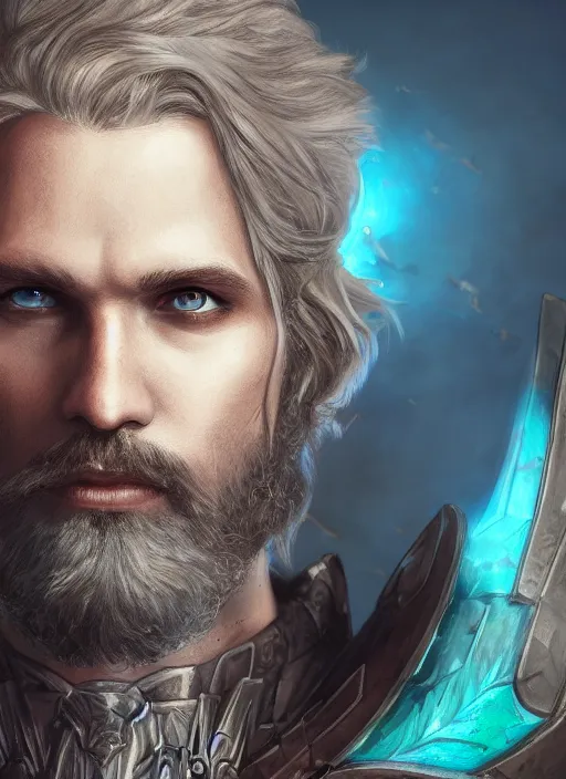 Image similar to an epic fantastic realism comic book style portrait painting of an aasimar paladin, male, shaggy silver hair, short brown beard, d & d concept art, unreal 5, daz, teal aesthetic, octane render, cosplay, rpg portrait, dynamic lighting