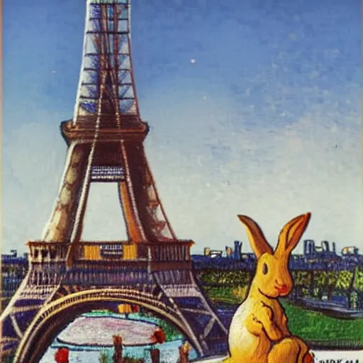 Image similar to a rabbit drinking milk in a paris cafe, eiffel tower visible in the background, in the style of van gogh