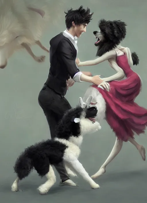 Image similar to wide shot painting of a male anthropomorphic border collie fursona dancing with a cute female anthropomorphic sheep fursona in a ballroom, beautiful, intricate, elegant, realistic proportions, highly detailed, scenic background, trending on artstation, art by charlie bowater and henry asencio and and ross tran