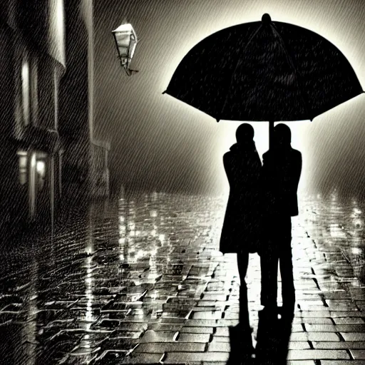 Image similar to an emotional picture of two shadowy figures under one umbrella at night in an ally, it is raining heavily, street lanterns are shining, they are reflected on the rainy street, 35mm, juno filter, motion blur, trending on artstation