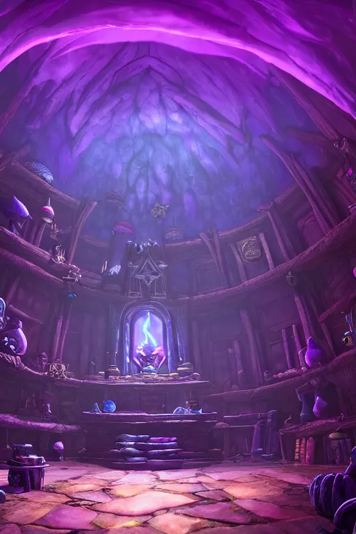 Prompt: interior of a dark wizards sanctum, purple light, cluttered with magical objects, spell books, potions, dramatic lighting, epic composition, wide angle, by miyazaki, nausicaa ghibli, breath of the wild