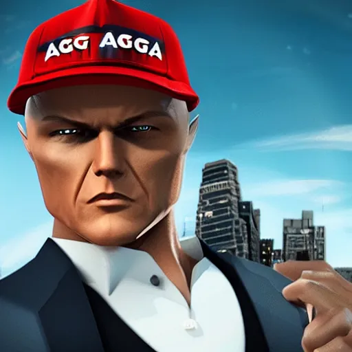 Prompt: agent 4 7 wearing a maga hat