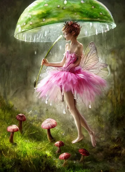 Image similar to A wingless fairy princess with a tattered pink tutu, mushroom umbrella, moss, dewdrops, watercolor, dramatic lighting, cinematic, establishing shot, extremely high detail, foto realistic, cinematic lighting, pen and ink, intricate line drawings, by Yoshitaka Amano, Ruan Jia, Kentaro Miura, Artgerm, post processed, concept art, artstation, matte painting, style by eddie mendoza, raphael lacoste, alex ross,