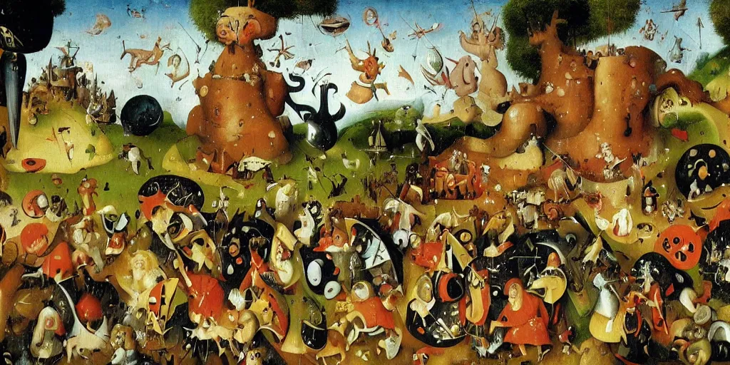 Prompt: Asterix and Obelix in the Garden of Earthly Delights. Oil painting the style of Hieronymus Bosch, highly detailed, Tintin, Snowy, Professor Calculus