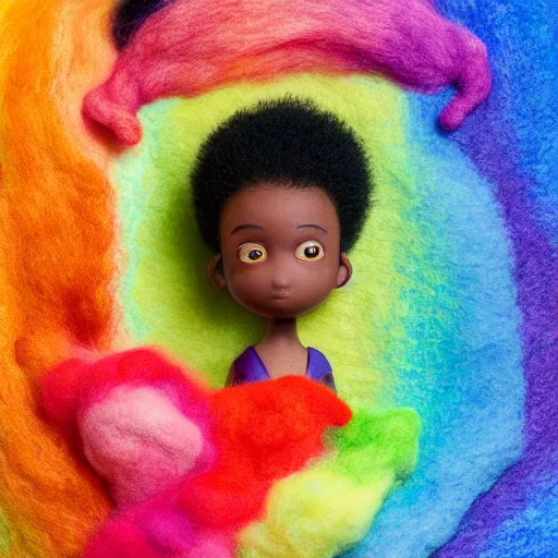 Prompt: a black girl with a colorful afro and cute! eyes sliding down a rainbow!, bright colors, watercolor, volumetric wool felting, macro photography, children illustration, by goro fujita