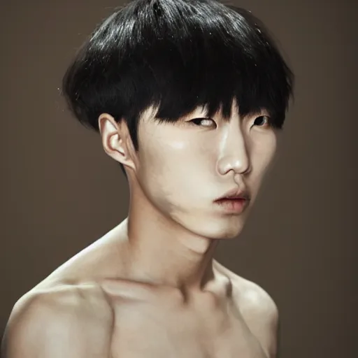 Image similar to a beautiful young korean male wearing iris van herpen, painted by michelangelo