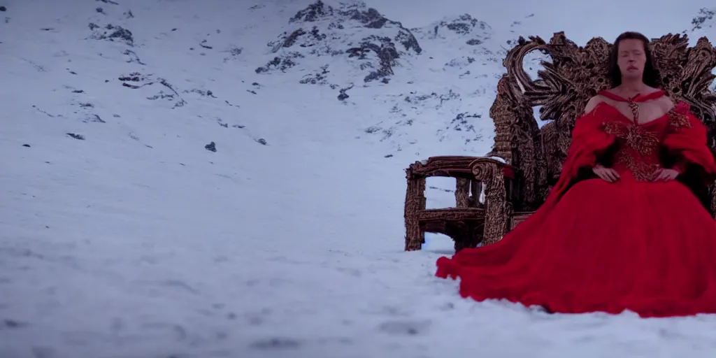 Image similar to film still of closeup a woman sitting on a throne in red long dress on the mountain of dead knights. by emmanuel lubezki