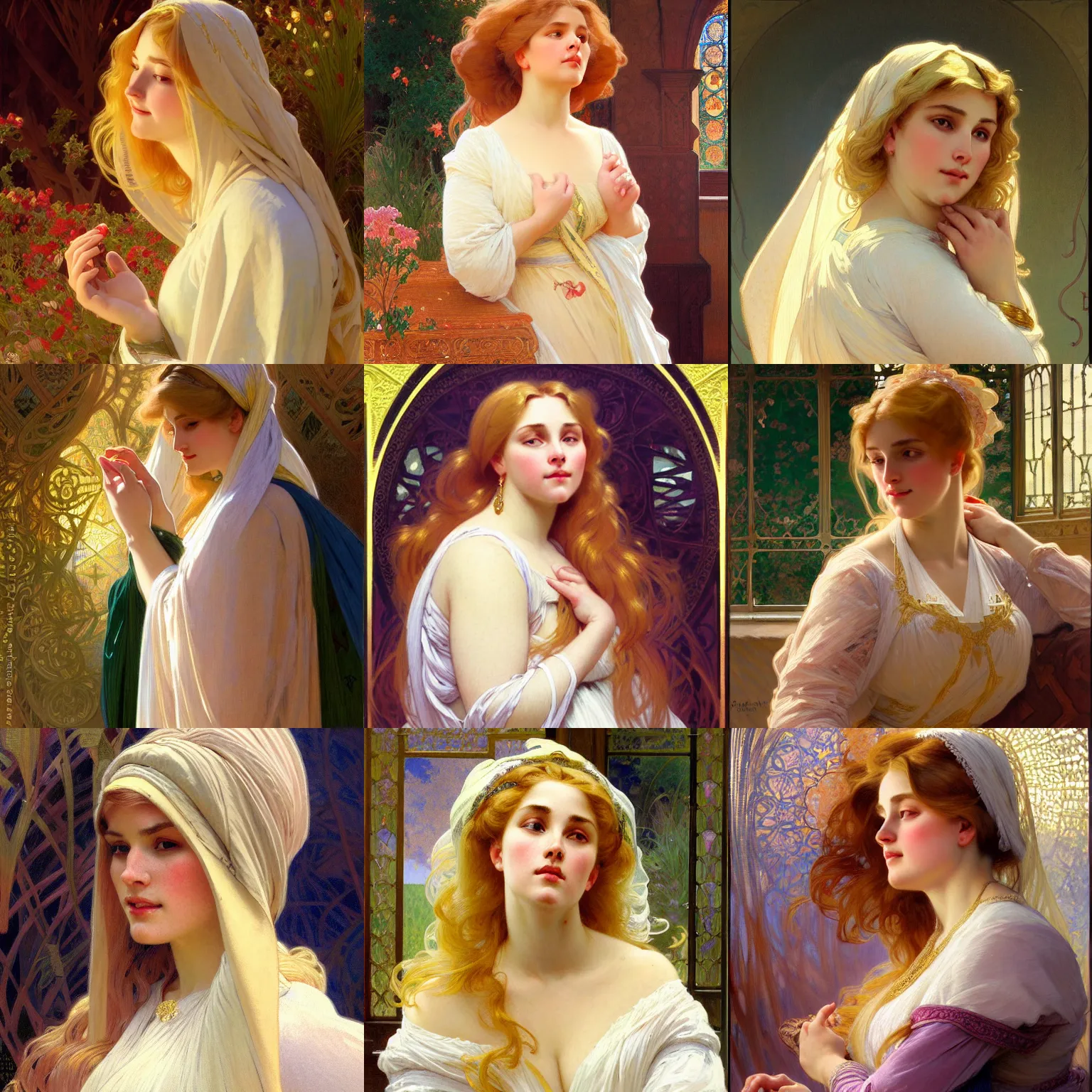 Prompt: painted portrait of a modest wife blessed by god with ever - increasing intelligence beauty and virtue. blonde, modest full - figured holy body, light effect. feminine, powerful, in clothes! intricate, elegant, highly detailed, digital painting, artstation, concept art, smooth, sharp focus, illustration, art by gaston bussiere and alphonse mucha