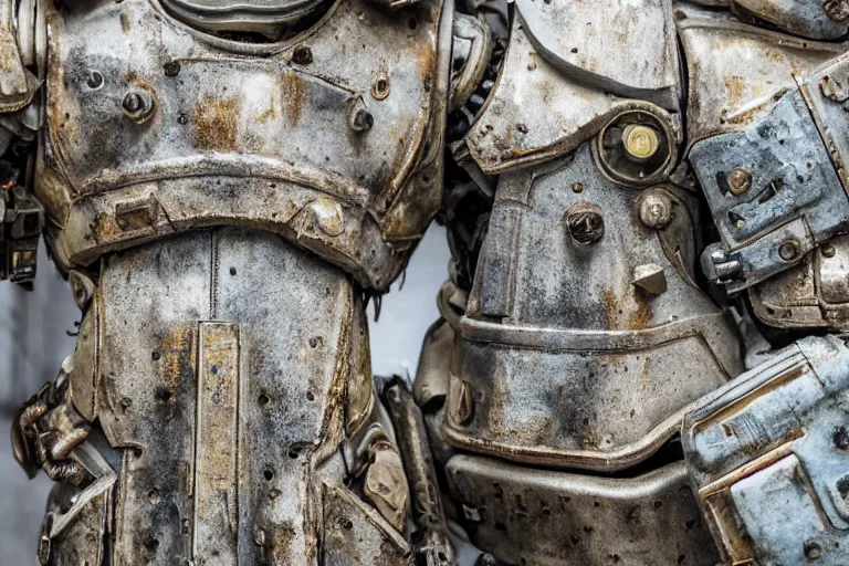 Prompt: low angle wide shot photo taken of an epic intricate, ultra detailed, super realistic gritty, hero prop, exquisitely weathered very clunky, bulky fallout 5 power armour suits movie prop replica's in a row in the workshop, created by weta workshop, full body shot, photorealistic, sharp focus, white wall, cold colour temperture, golden ratio