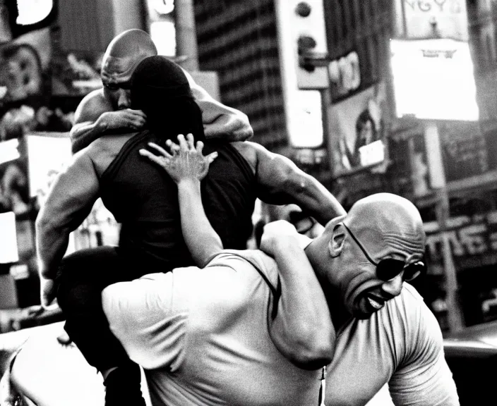 Prompt: Dwayne the Rock Johnson riding on the back of Adam Sandler, doing Methamphetamine at Times Square, photograph by Alfred Eisenstaedt, 4K, dramatic lighting; 4K 8K