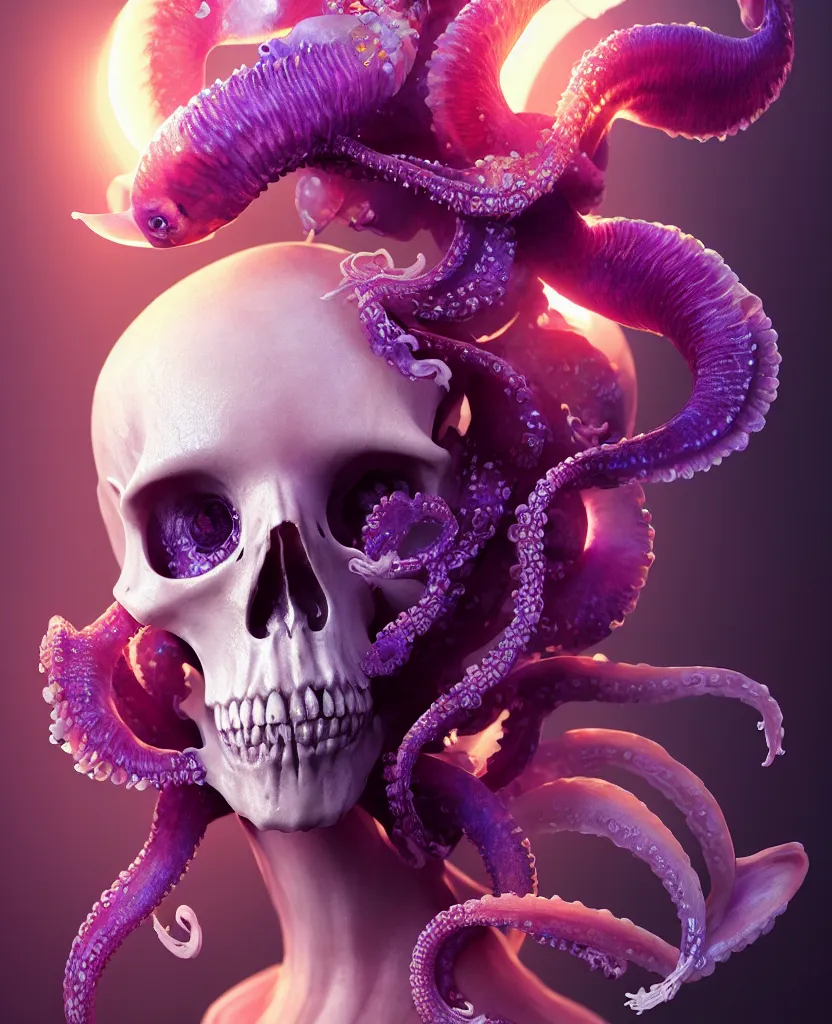 Image similar to goddess close - up portrait human skull, ram skull, squid phoenix jellyfish, orchid, betta fish, bioluminiscent, intricate artwork by tooth wu and wlop and beeple. octane render, trending on artstation, greg rutkowski very coherent symmetrical artwork. cinematic, hyper realism, high detail, octane render, 8 k