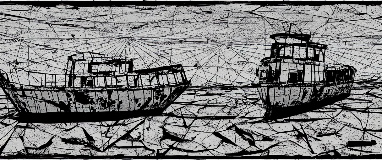 Image similar to a lone abandoned ship in the aral sea desert, in the style of daniel johnston and outsider art, 8 k, line brush, overlaid with chinese adverts