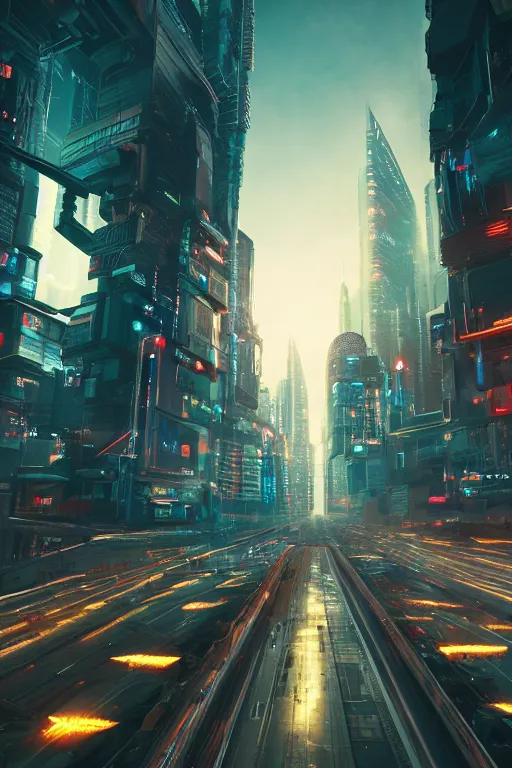 Image similar to Futuristic cyberpunk city, tracks floating in the air, high saturation, cg large scene, octane rendering, volumetric light, virtual engine