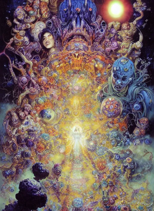 Prompt: realistic detailed image of a friendly figures of smiling ghosts and dmt jesters and machine-elfs made of light walking back and forth in the outer space by Ayami Kojima, Amano, Karol Bak, Greg Hildebrandt, and Mark Brooks, Neo-Gothic, gothic, rich deep colors. Beksinski painting, part by Adrian Ghenie and Gerhard Richter. art by Takato Yamamoto. masterpiece