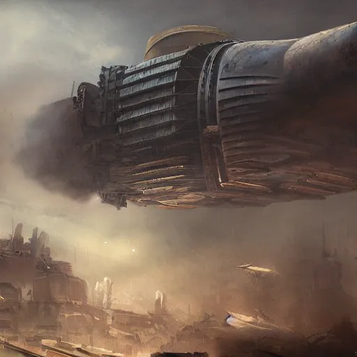 Image similar to a brutalist painting of a large steampunk airship on the ground destroyed, by charlie bowater, 4 k