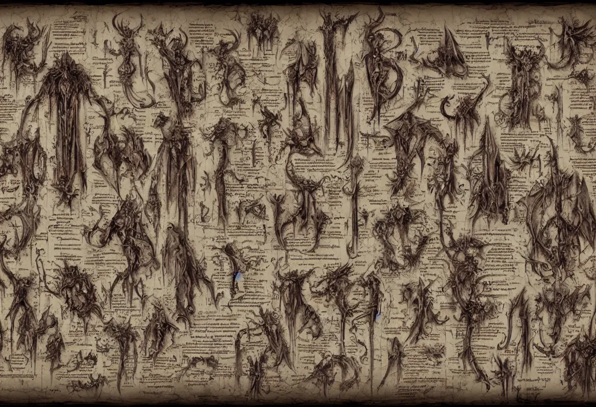 Prompt: blueprint of demonic manuscripts from necronomicon book written in blood, plenty annotations sumerian language, hyper realism, realistic, dramatic lighting, octane render, highly detailed, cinematic lighting, cinematic, art by olivier ledroit