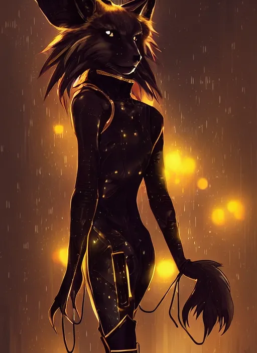 Prompt: award winning beautiful portrait commission of a male furry anthro melanated fox fursona with a tail and a cute beautiful attractive detailed furry face wearing stylish black and gold cyberpunk clothes in a cyberpunk city at night while it rains. Character design by charlie bowater, ross tran, artgerm, and makoto shinkai, detailed, inked, western comic book art