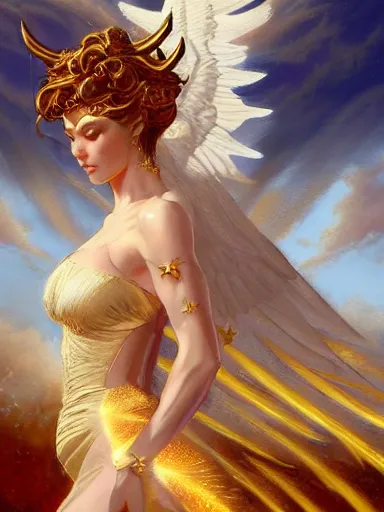 Prompt: the golden wind rose in the sky. an angel and a devil. intricate, elegant, highly detailed, digital painting, artstation, concept art, sharp focus, illustration, by justin gerard and artgerm, 8 k