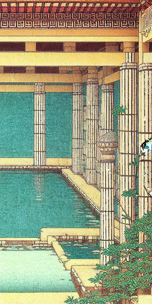 Prompt: a beautiful ancient greek bathhouse in the spring by hasui kawase