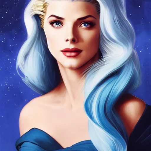 Image similar to A combination of Grace Kelly's and Katheryn Winnick's and Ashley Greene's faces with blue hair as She-Ra, western, D&D, fantasy, intricate, elegant, highly detailed, digital painting, artstation, concept art, matte, sharp focus, illustration, art by Artgerm and Greg Rutkowski and Alphonse Mucha