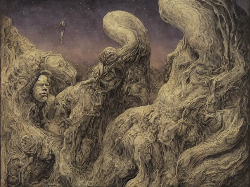 Image similar to Portrait of an albino demigod sculptor of cosmic clouds, Henri Moore, with alien, icy, crystal fungus creatures on a comet a million years ago. The horse dust. Painting by Lucas Cranach, Moebius, Alfred Kubin