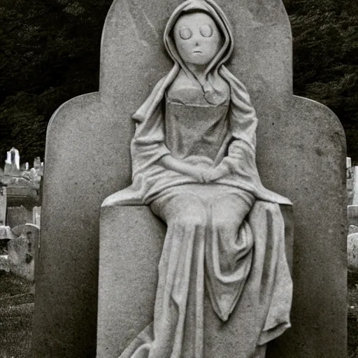 Prompt: ghostly woman sits upon a gravestone in a graveyard in the distance a steeple looms, highly detailed, high resolution, gloomy, graveyard