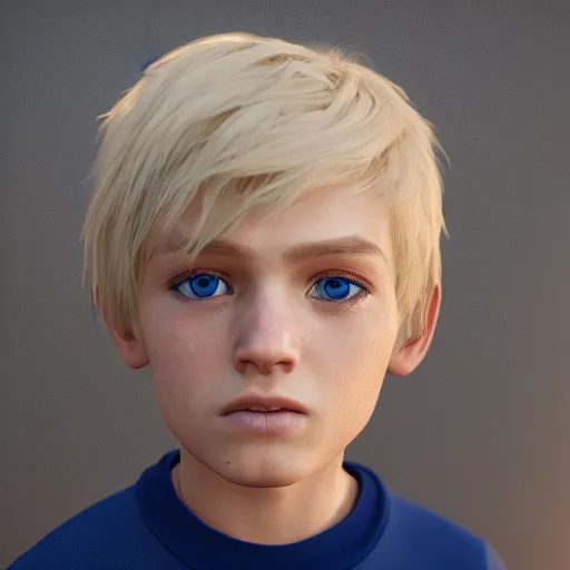 Image similar to a detailed portrait of boy with blonde hair and blue eyes, unreal engine 5 rendered, incredibly highly detailed and realistic, 8 k, sharp focus, studio quality