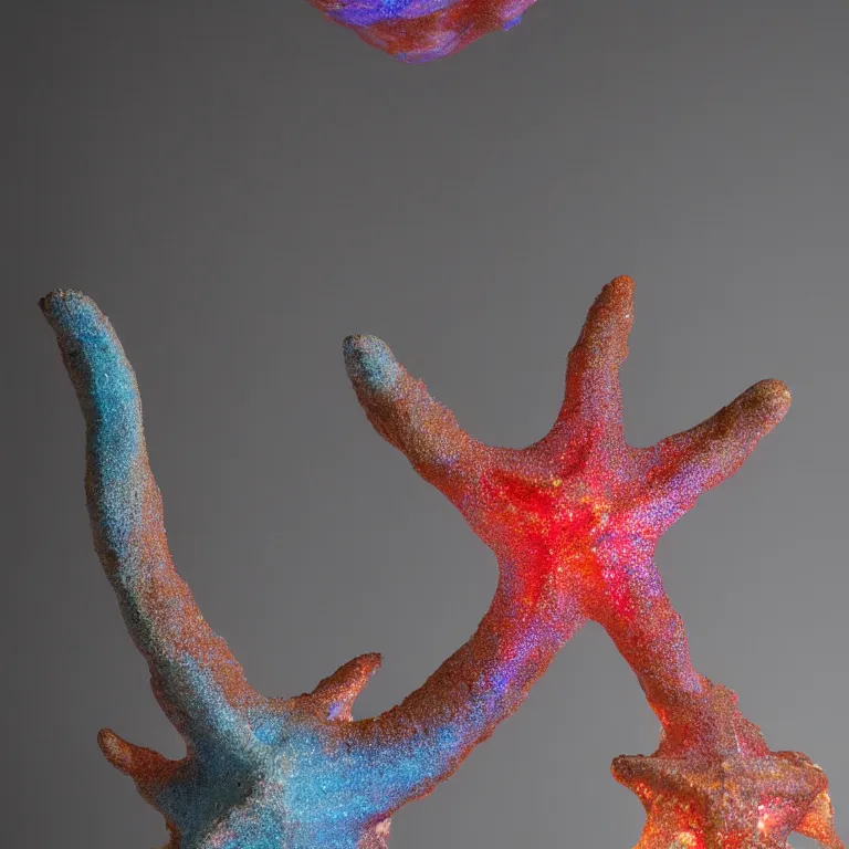 Image similar to hyperrealistic sculpture of a bronze ancient fossilized bulging starfish dusted with opalescent blue and iridescent red spraypaint in a nylon grid cage on a pedestal by ron mueck and duane hanson and lee bontecou, hyperrealistic dramatic colored lighting trending on artstation 8 k