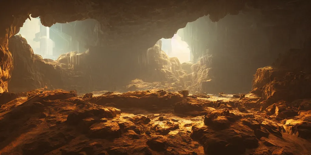 Prompt: mechanoids mining resources in a cyberpunk cave with minimal lighting in the style of thomas cole, cinematic lighting, raytracing, 8 k, octane render, volumetric, vivid, beautiful, hyperrealism