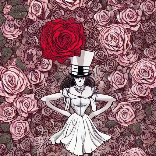 Prompt: Alice in Wonderland at the tea party, surrounded by red and white roses, digital illustration, inspired by Aeon Flux and Möbius, hyper detailed, Magic realism, super photorealistic, muted warm pastel shades, extremely fine inking lines