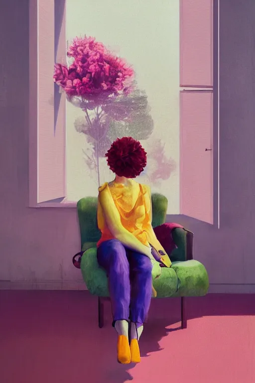 Prompt: portrait, huge flower head, woman sitting on lounge chair by a modern window, surreal photography, studio light, impressionist painting, digital painting, artstation, simon stalenhag