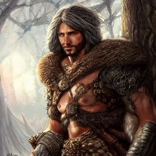 Image similar to a ruthless male druid, full body, 8 k, hyperrealistic, dragon slayer, hyperdetailed, fantasy portrait by laura sava