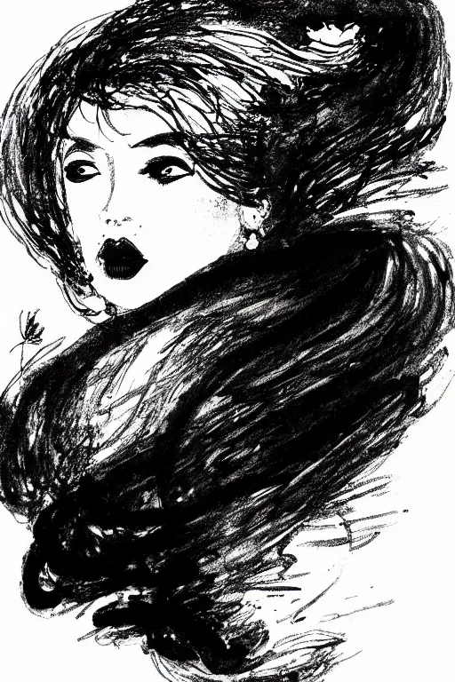 Prompt: ink lineart drawing of a beautiful heavy woman, dark lips, white background, etchings by goya, chinese brush pen, illustration, high contrast, deep black tones contour