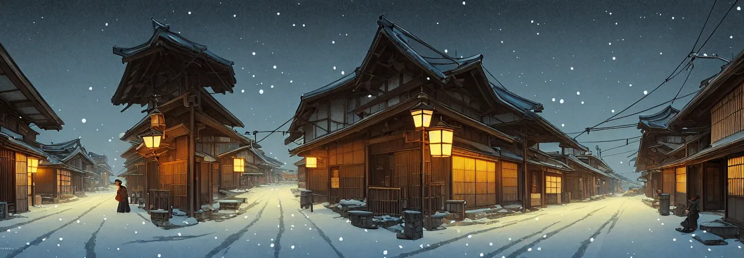 Image similar to empty rural japanese town at night, winter, in the style of studio ghibli, j. c. leyendecker, greg rutkowski, artem