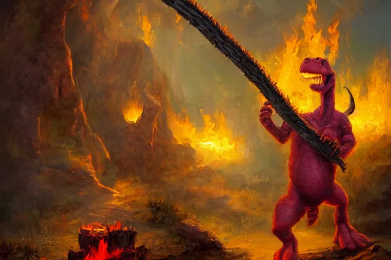 Image similar to barney the dinosaur holding a fire axe, an oil painting by ross tran and thomas kincade