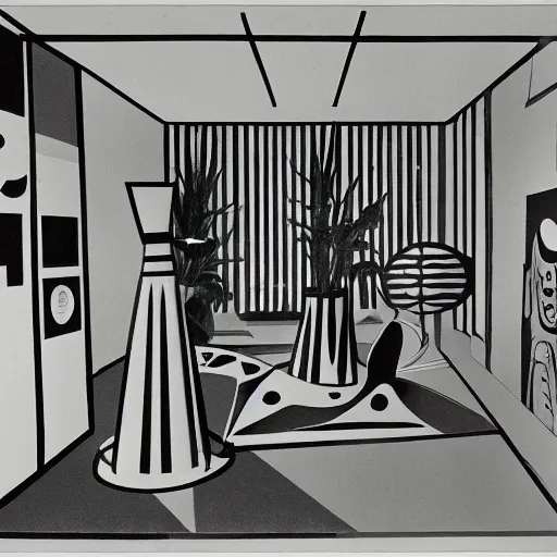 Prompt: A black and white offset lithography of an exhibition space with works of Sun Ra, Marcel Duchamp and tropical plants, 60s, Modern Art