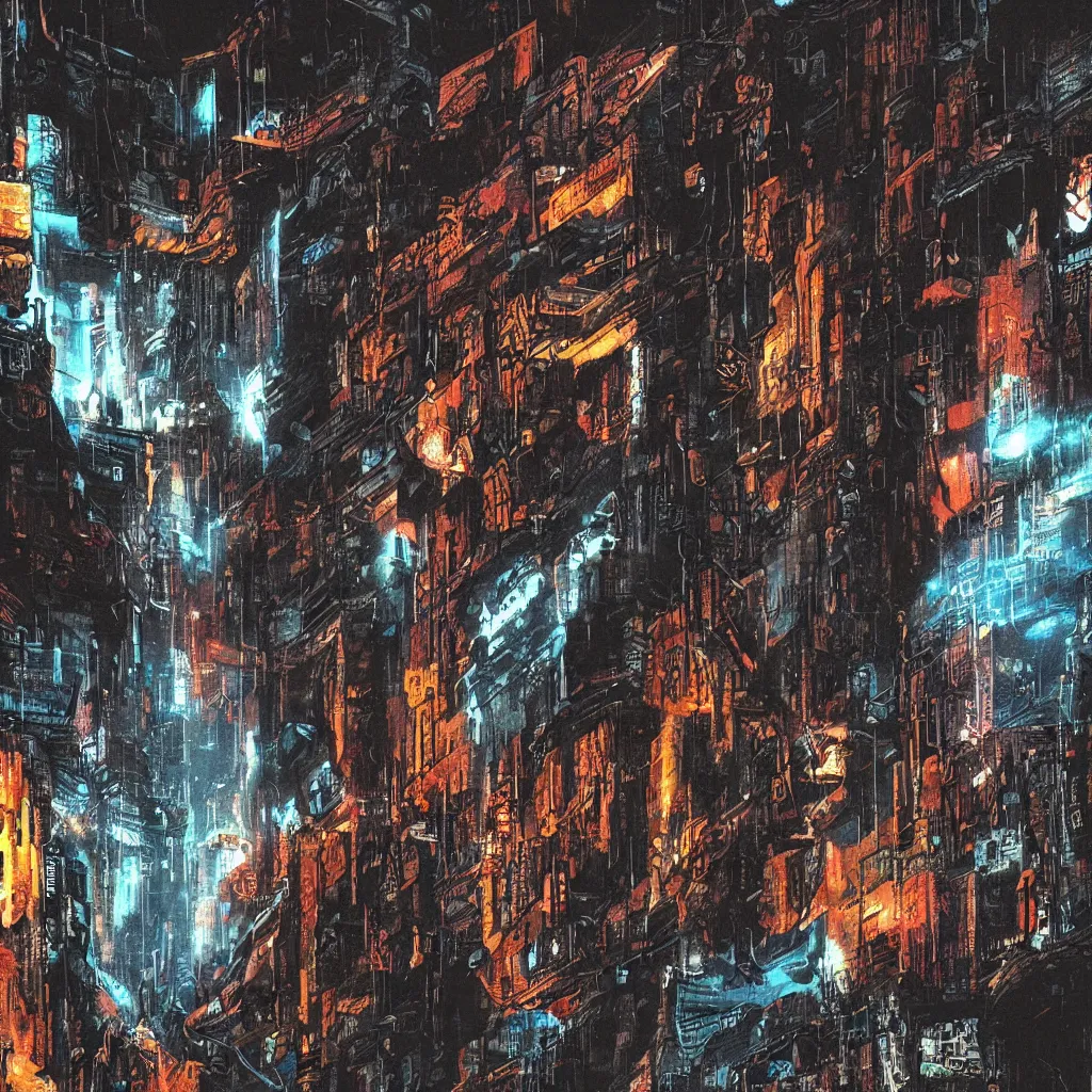 Image similar to a cave painting of a cyberpunk cave