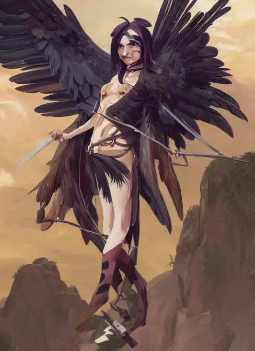 Image similar to concept art painting of a harpy pathfinder strix with black feathers, androgynous, pirate clothes, detailed, realistic, cel shaded, in the style of makoto shinkai and james gurney and alphonse mucha and greg rutkowski and artgerm