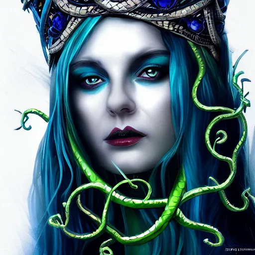 Image similar to dynamic portrait of the dark queen of snakes, realism, pale blue, emerald, sapphire, wearing a crown of vines and vipers, dark environment, digital art, dark fantasy illustration, dramatic, cgsociety, artstation
