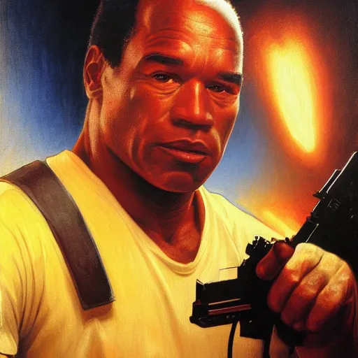 Image similar to Painting of OJ Simpson as The Terminator. Art by william adolphe bouguereau. During golden hour. Extremely detailed. Beautiful. 4K. Award winning.