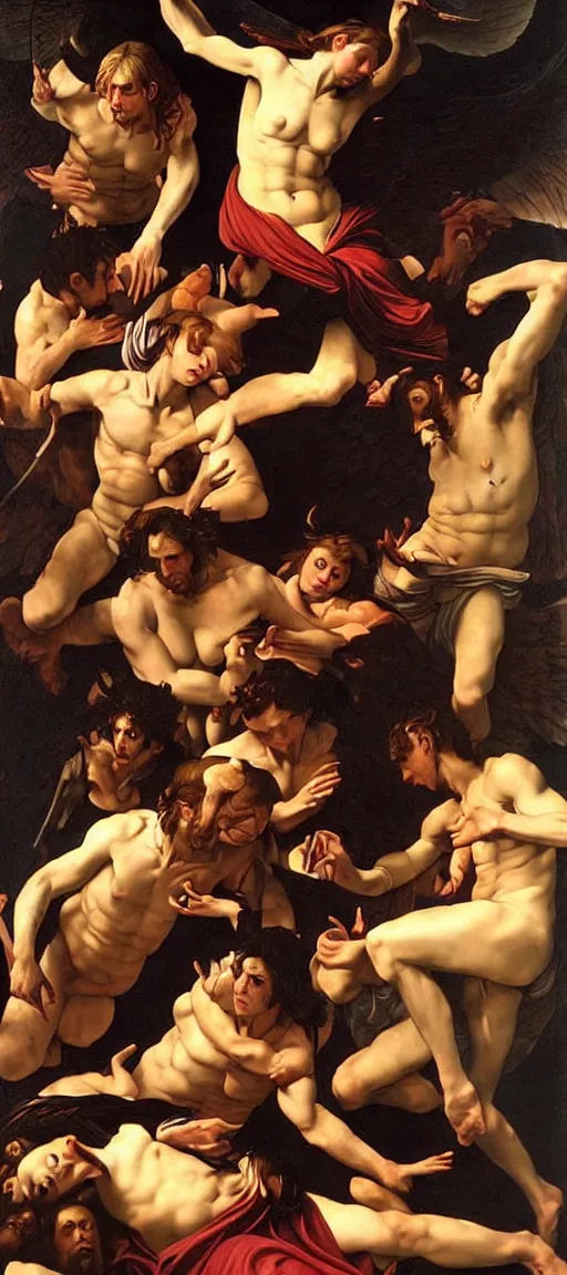 Prompt: angels and demons in the style of caravaggio, bouguereau, epic scene, oil painting